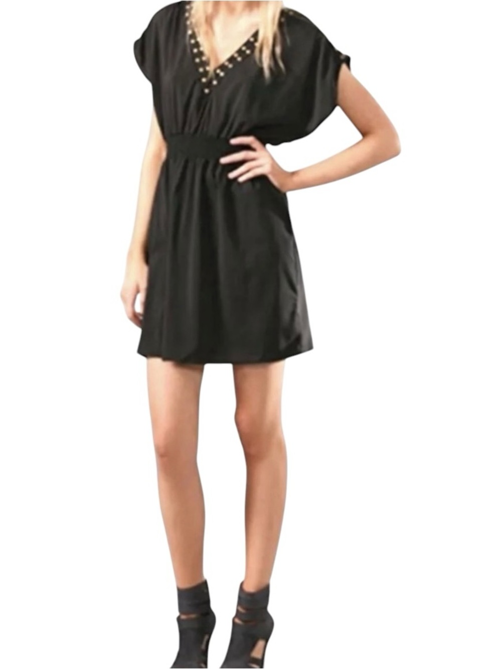 EUC MINKPINK Black Studded V-Neck Mini Dress Women's Boho Festival Cocktail